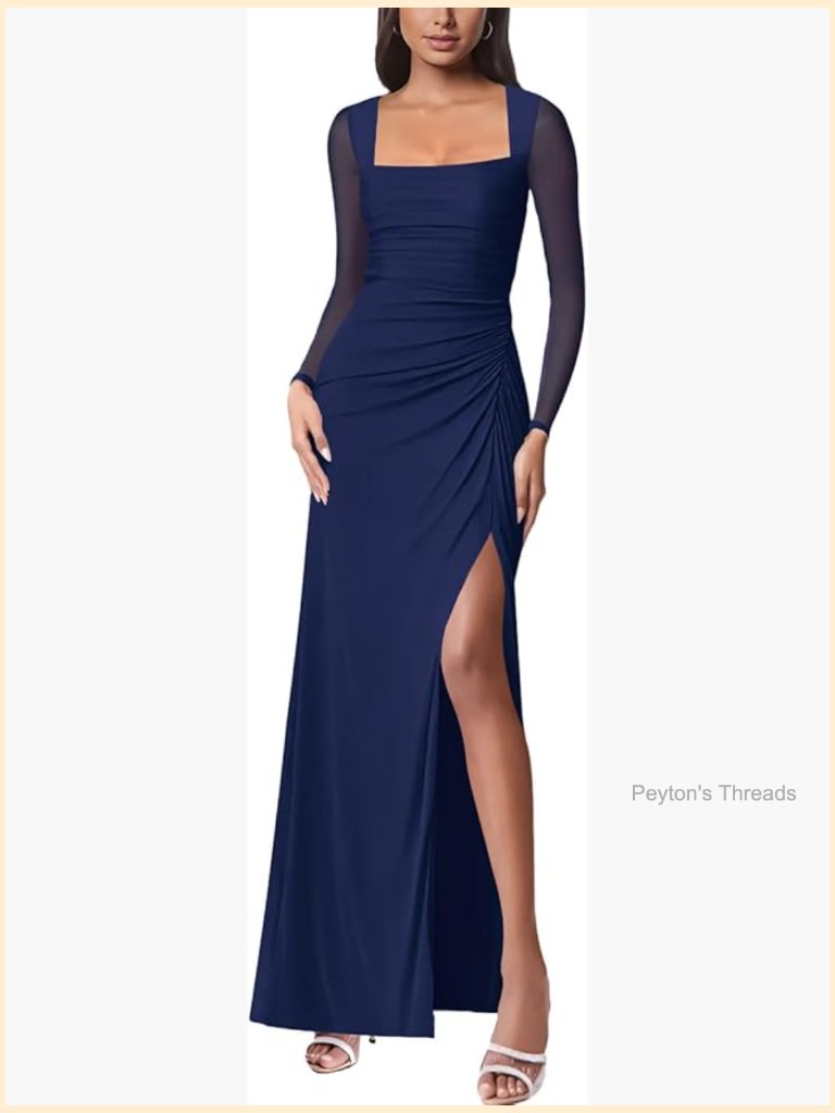 Women Mesh Long Sleeve Square Neck Ruched Sheath Maxi Dress Formal Evening